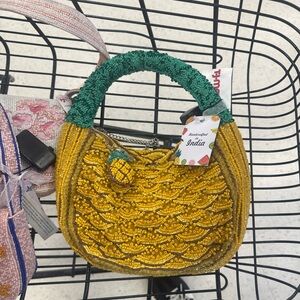 Handcrafted Yellow Beaded Women’s Handbag with Green Handle
